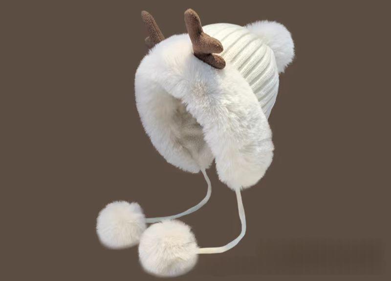 Womens Plush Antler Pom-Pom Christmas Hat