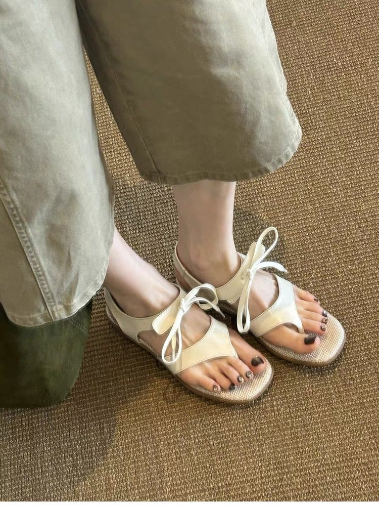 Vintage Elegant Bow Square Toe Thong Block Heel Sandals For Women, Summer Flip Flop Roman Sandals With Velcro Closure
