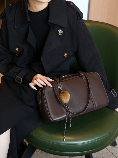 Genuine Leather Women's Bag, New First-layer Cowhide Boston Bag, Baguette Bag, Light Luxury Bowling Bag, Shoulder Bag