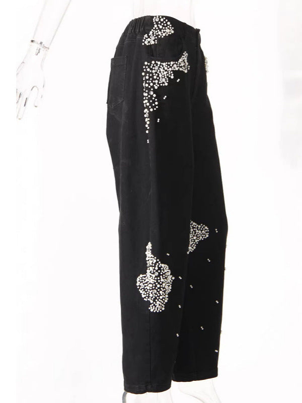 Wash Pearls Beaded High Waist Carrot Jeans
