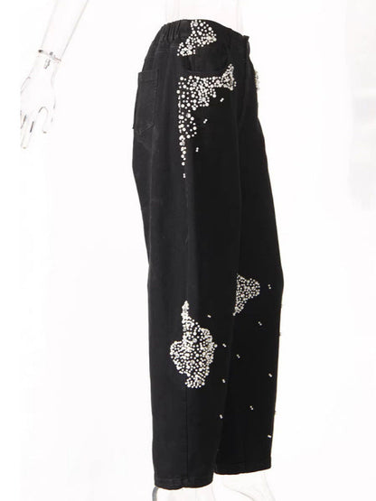Wash Pearls Beaded High Waist Carrot Jeans