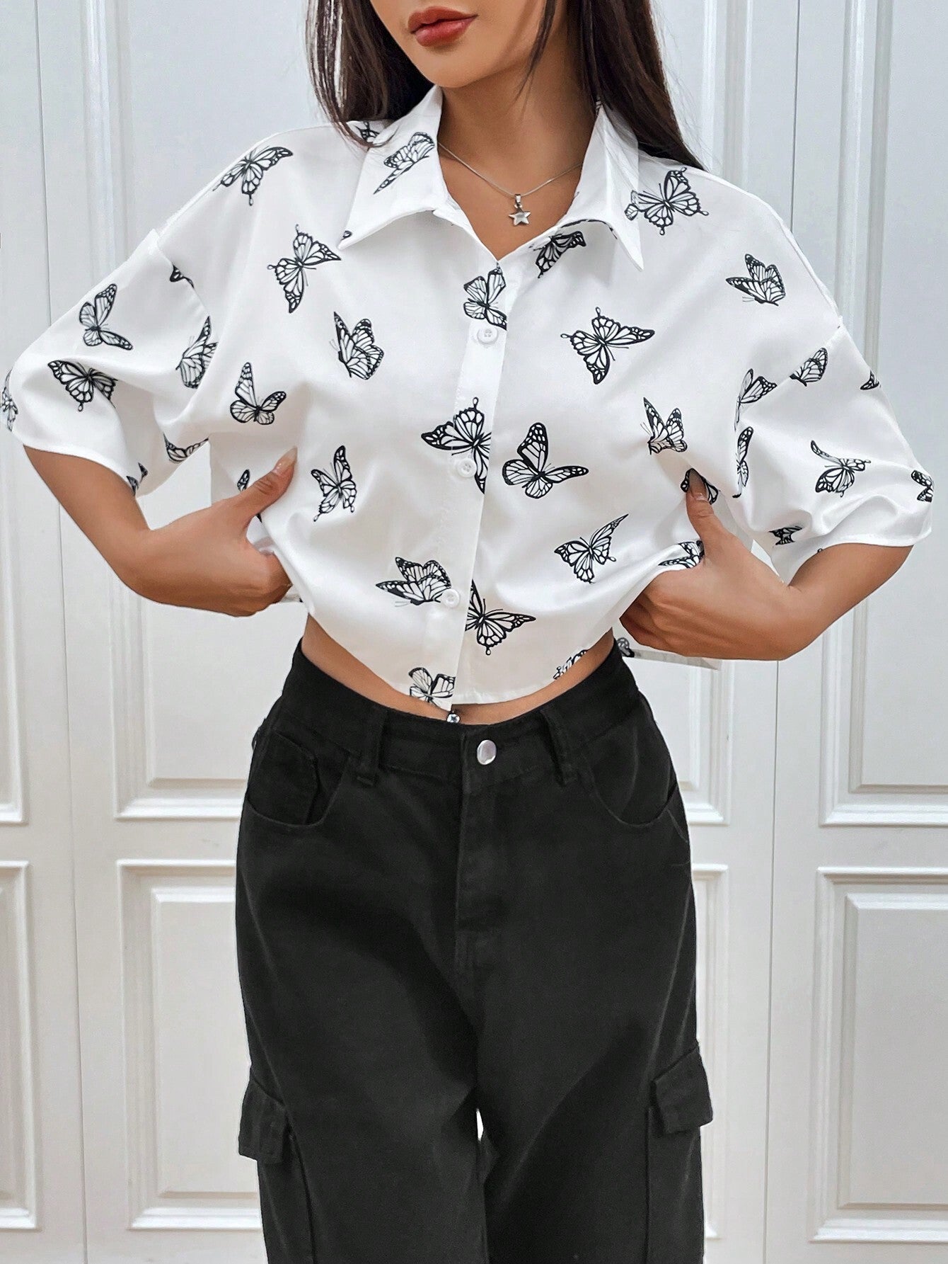 Women's Clothing Amazon TEMU Fashion Printed Short-sleeved Niche Butterfly Printed Shirt Women's Clothing