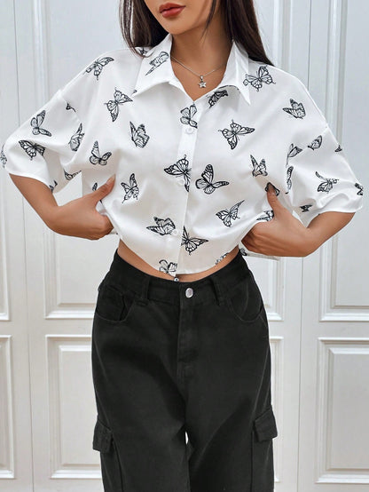 Women's Clothing Amazon TEMU Fashion Printed Short-sleeved Niche Butterfly Printed Shirt Women's Clothing