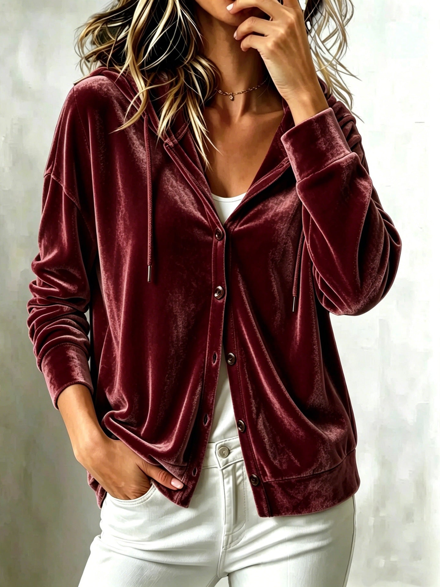 New Arrival European American Style Women Fall Winter Hooded Solid Color Long Sleeve Loose Button Down Cardigan