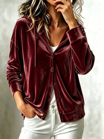 New Arrival European American Style Women Fall Winter Hooded Solid Color Long Sleeve Loose Button Down Cardigan
