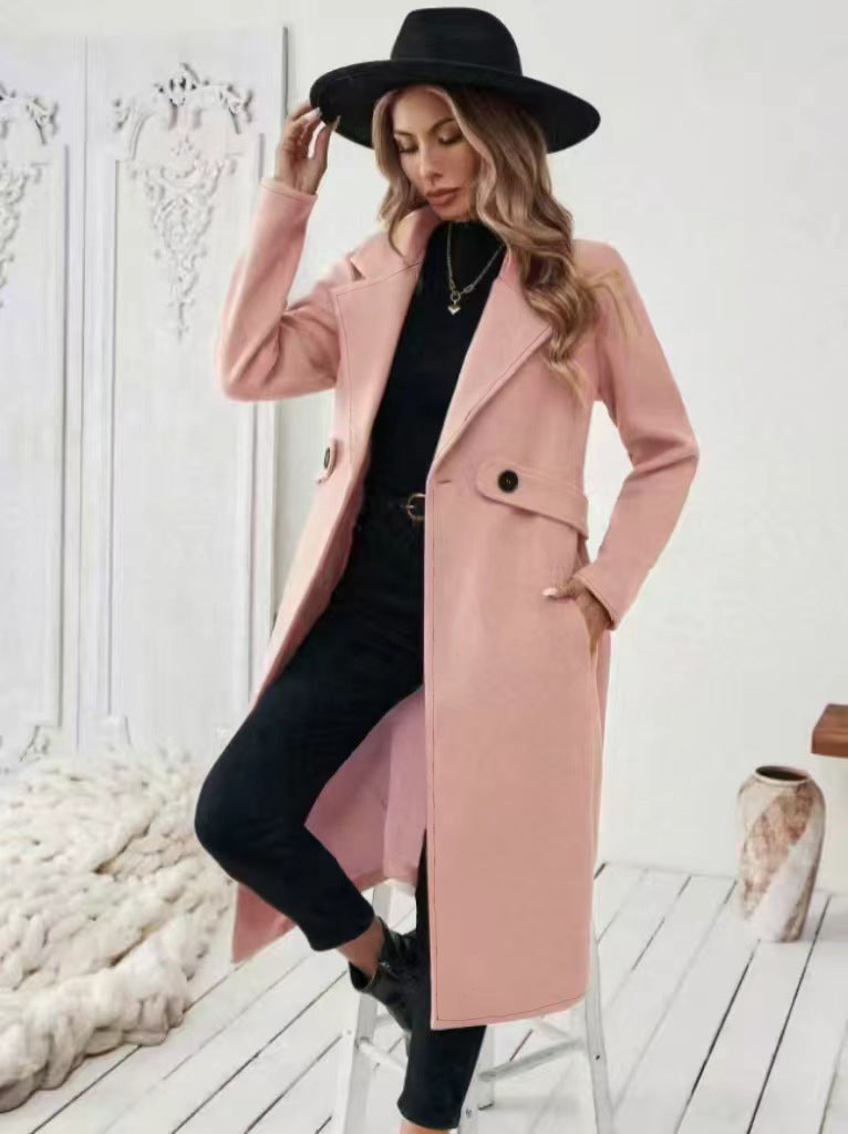 Womens Solid-color Wool Coat With A Lapel And Double-breasted Design