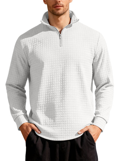 Business-casual Mens Loose-fit Jacquard Crew-neck Half-zip Hoodie With Small Square Patterns