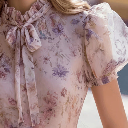 Sweet Lace-trimmed Floral Chiffon Printed Short-sleeved Top