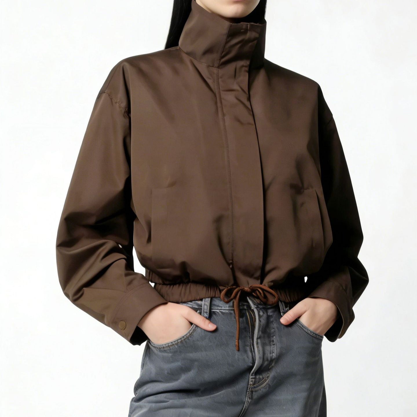 Stand-collar Trench Coat Womens Long-sleeve Jacket