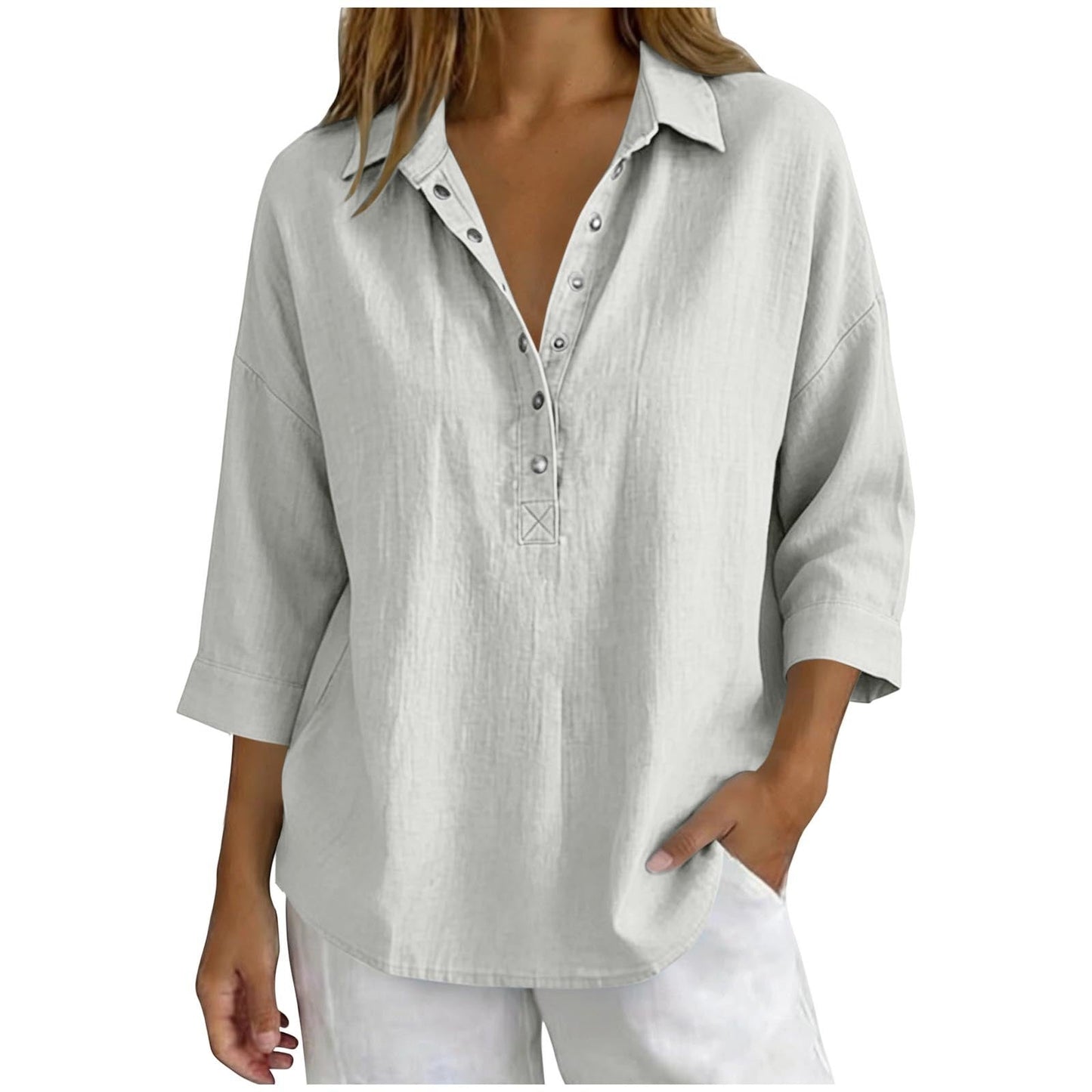Womens Solid-Color Casual Three-Quarter-Sleeve Shirt