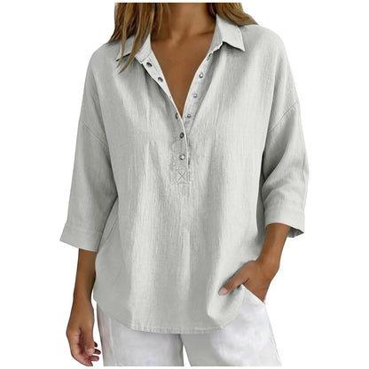 Womens Solid-Color Casual Three-Quarter-Sleeve Shirt