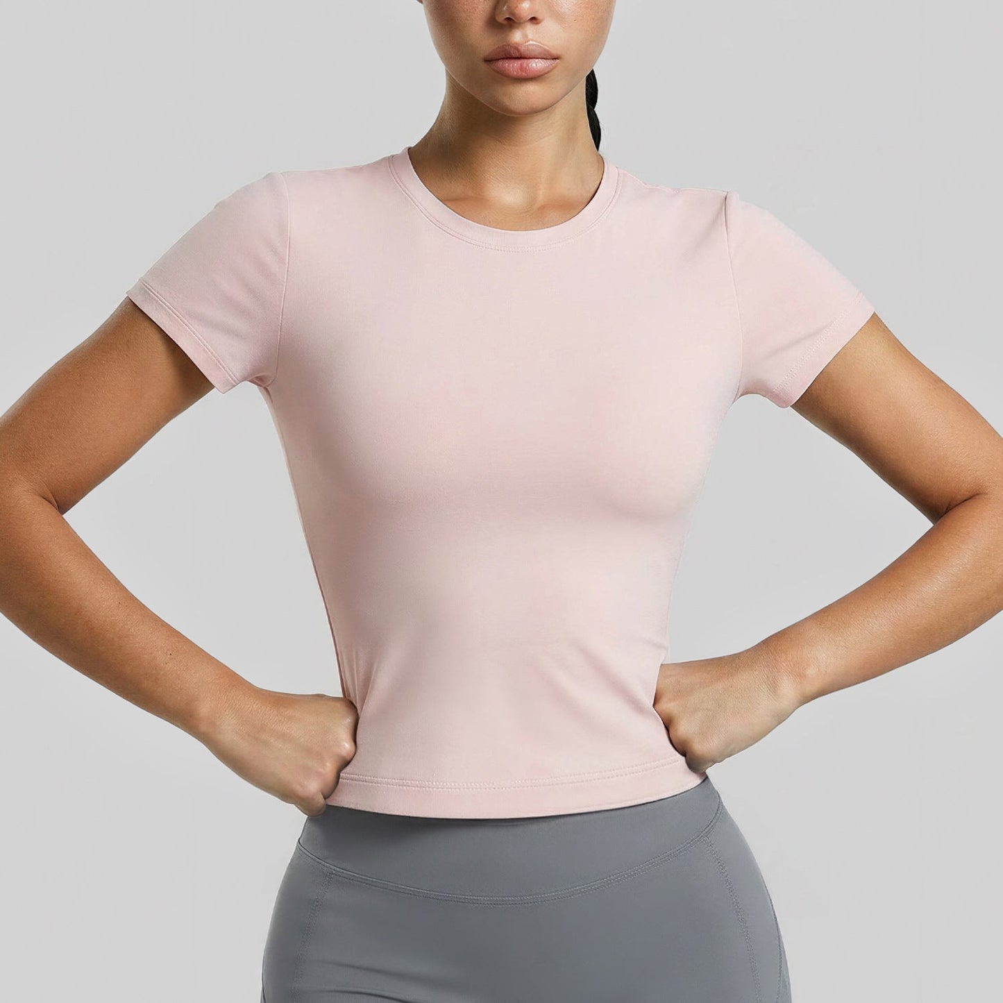 Juyitang Basic Round Neck Short-Sleeved Yoga Wear For Women, Tight-Fitting, Quick-Drying Fitness Top, Slimming Look, Breathable Sports T-Shirt
