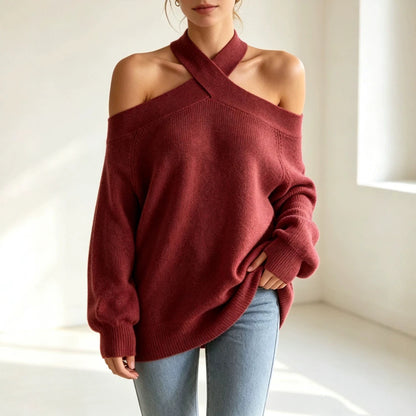 Halterneck Off-shoulder Knitted Pullover For Women
