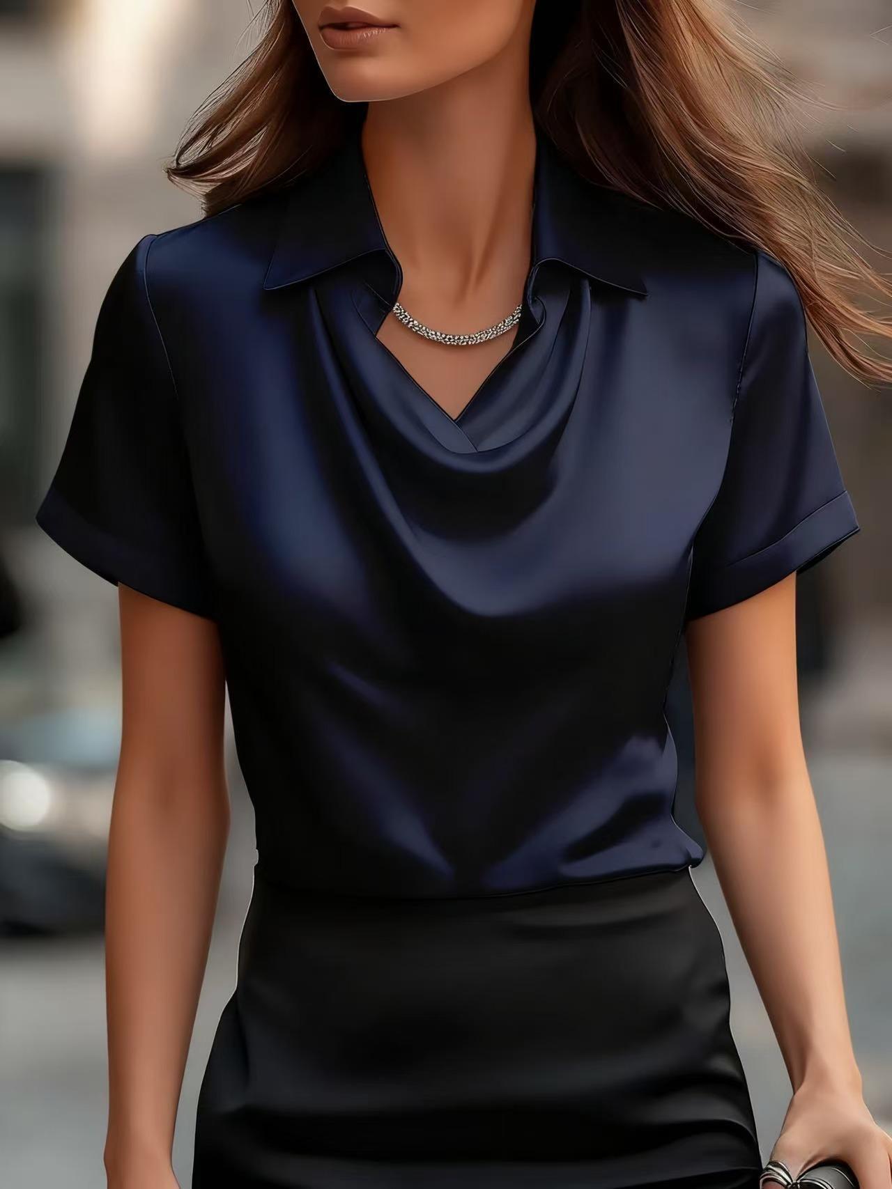 2026 Spring And Summer Small European And American New Women's Style Simple Swing Collar Shirt Collar Women's Short Sleeved Top