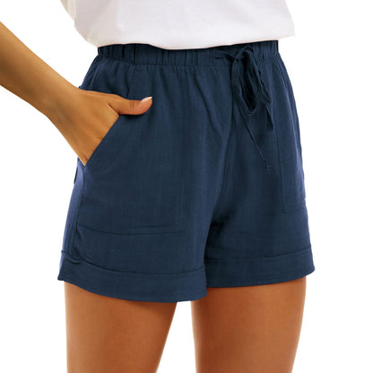 Cross-border Hot Sale Ladies Solid Color Cotton Linen Pocket Strap High Waist Casual Shorts