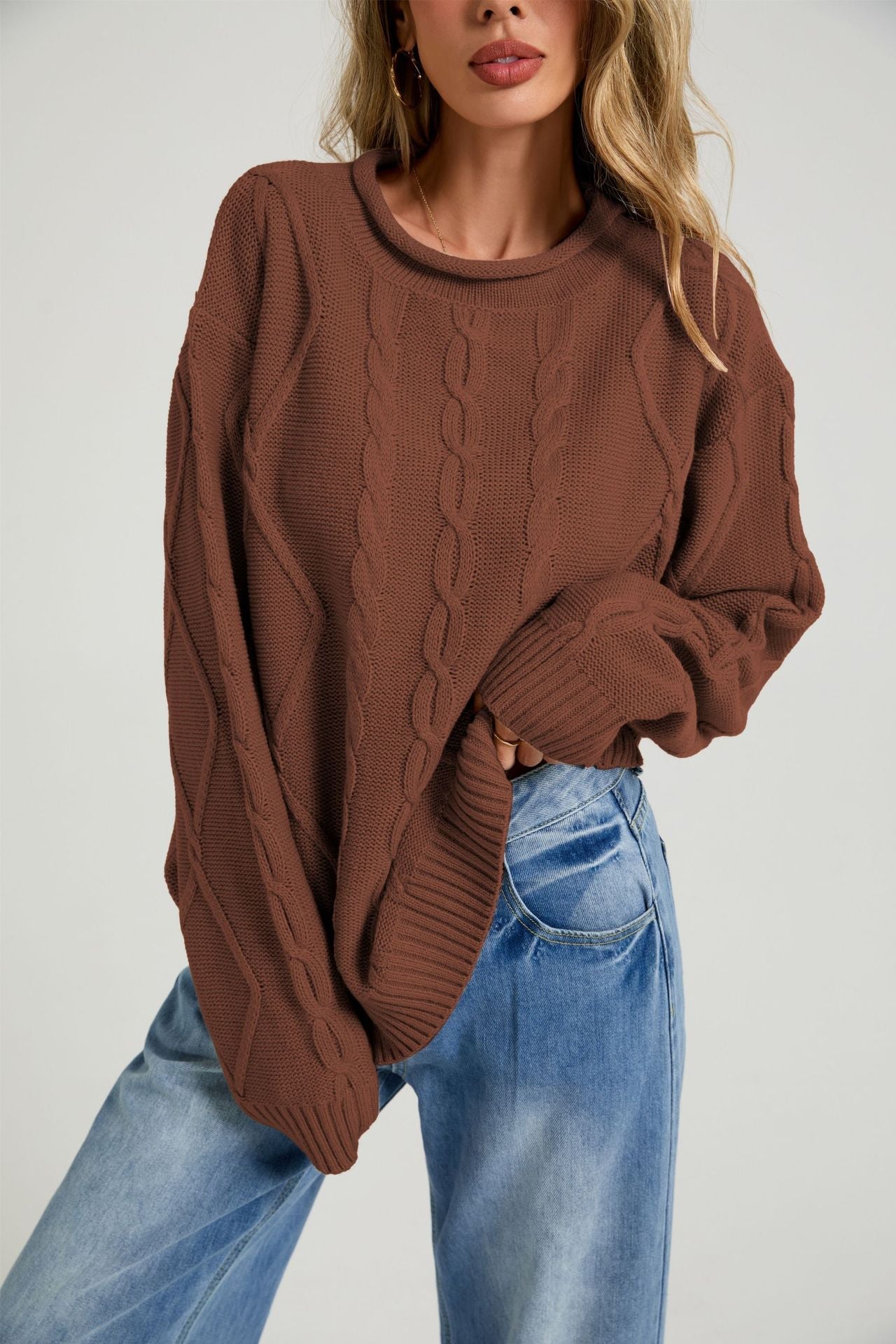 Womens European And American-style Loose-fitting Crew-neck Knit Sweater