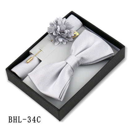 Mens Bow Tie, Pocket Square, And Brooch Gift Set