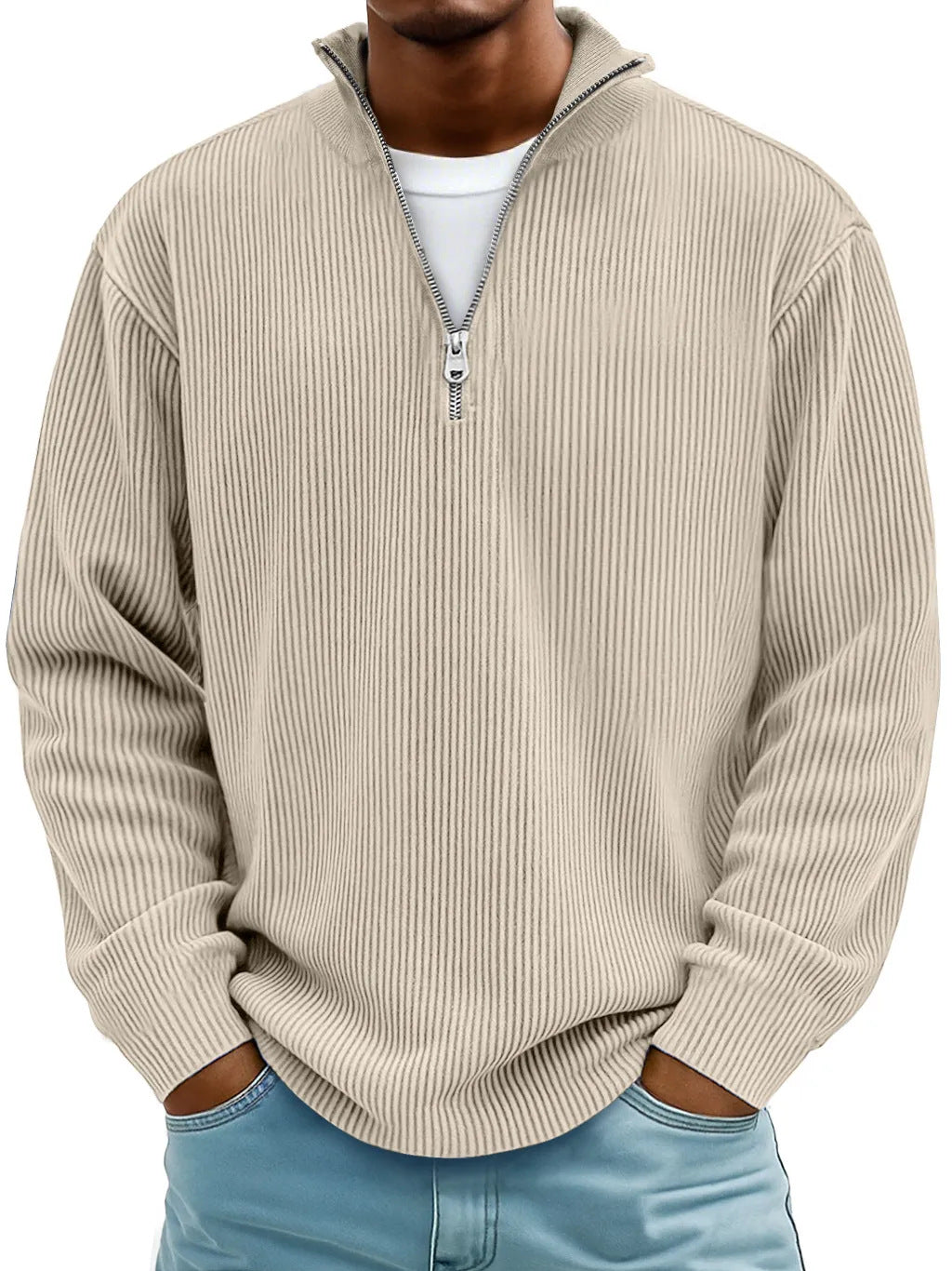 Autumn And Winter New Men's Casual Stand-Up Collar Zipper Corduroy Long-Sleeved Men's Polo Shirt Sweatshirt