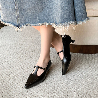 Women Vintage French Crinkled Leather Kitten Heel Pumps,  Daily Commuting Dress Shoes