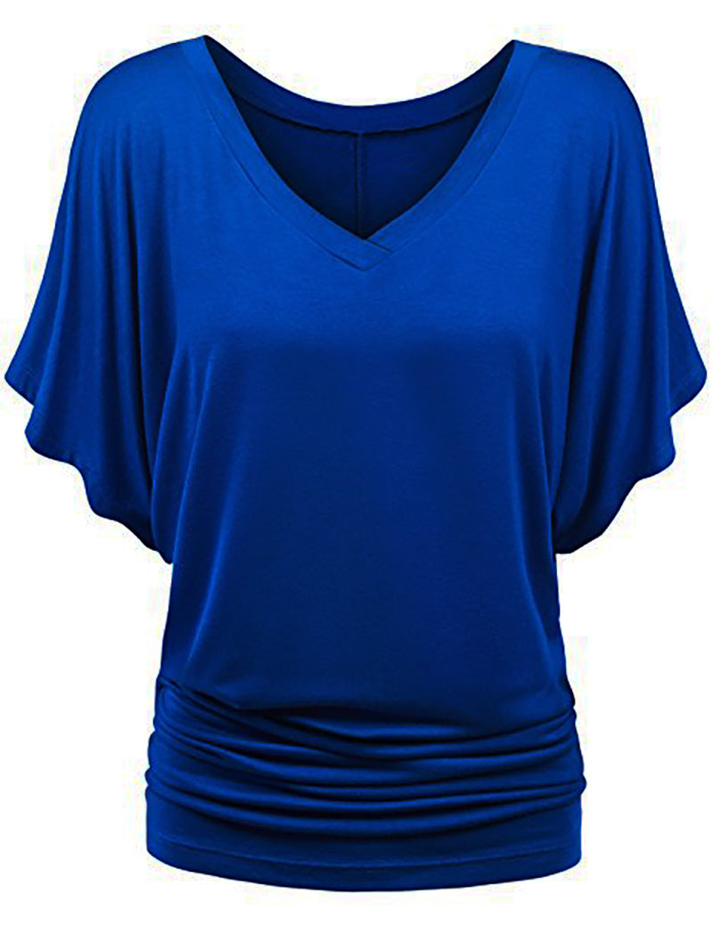 Plus-size Loose-fit Batwing-sleeve V-neck Short-sleeve T-shirt Top