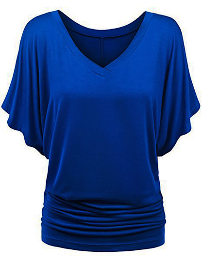 Plus-size Loose-fit Batwing-sleeve V-neck Short-sleeve T-shirt Top