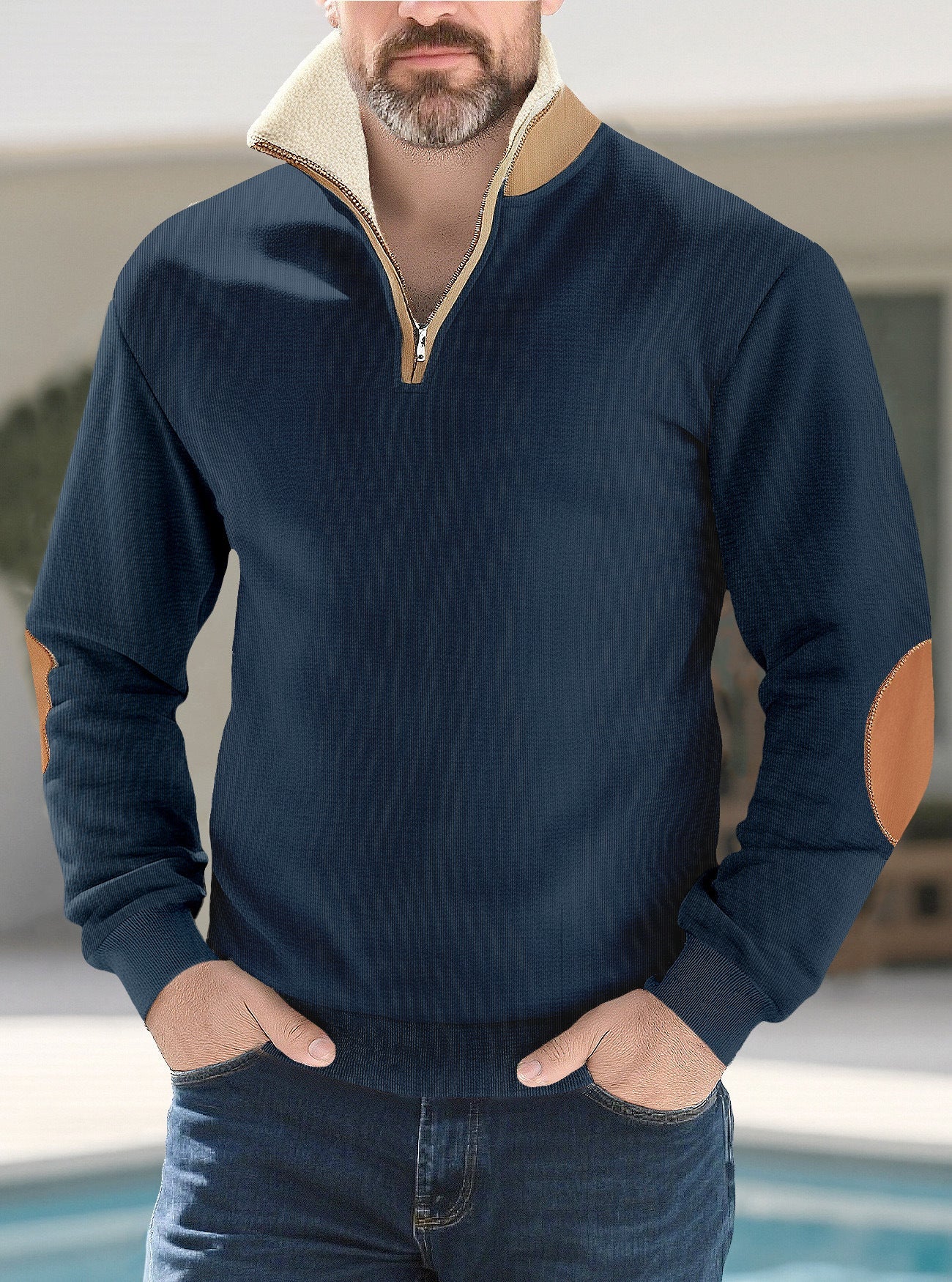Retro Patchwork Embroidered Versatile Half-placket Mens Long-sleeve