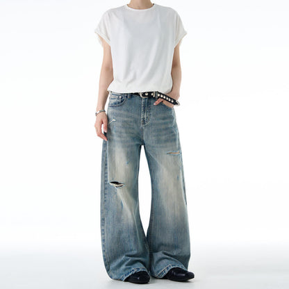 American-style Vintage Distressed Ripped Slub-textured Bootcut Jeans