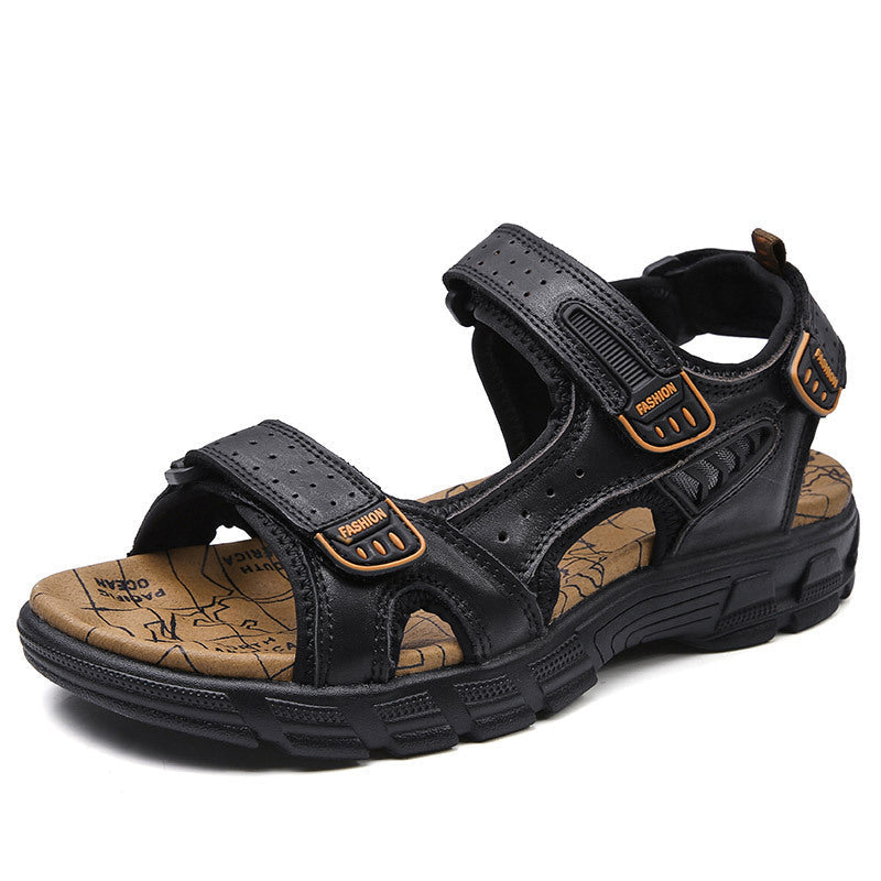 Summer Sandals Men's Thick-soled Open Toe Head Layer Cowhide Men's Beach Shoes Soft-soled Fashionable Plus Size Outdoor Casual Shoes