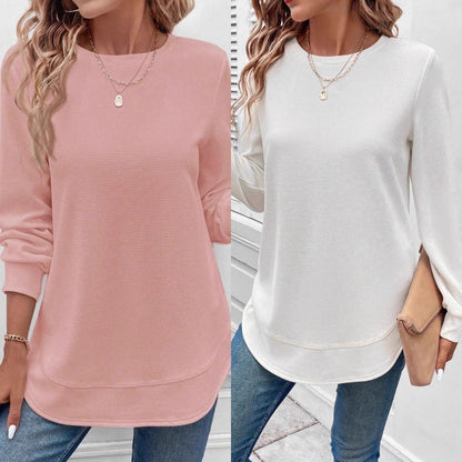 Women's Casual Fashion Fall Winter Long Sleeve Top Solid Color Crew Neck Asymmetric Textured Pullover, Comfortable Loungewear