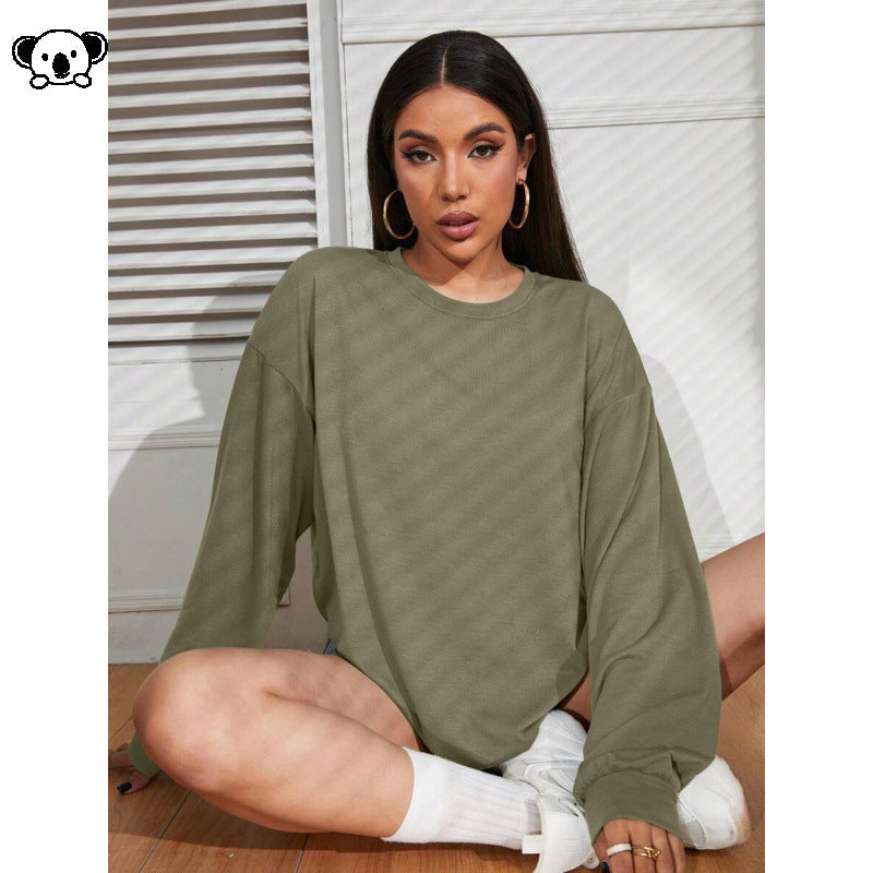 Womens Loose-Fit Solid-Color Plus-Size Long-Sleeve T-Shirt