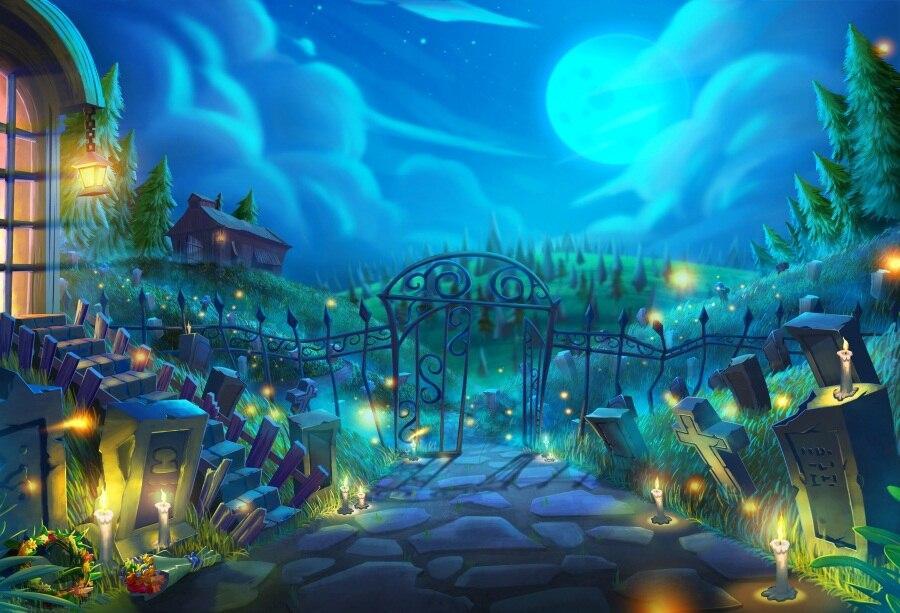 Gothic-style garden with tombstones, candles, and a dark gate under a starry night sky.