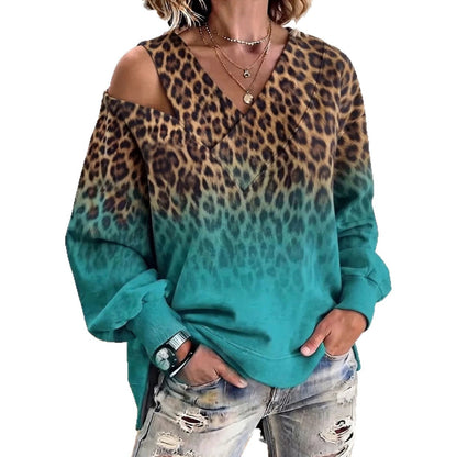 Leopard-Print Gradient Off-Shoulder V-Neck Womens Loose-Fit Long-Sleeve Top