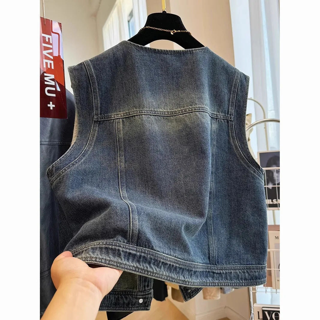 Round-neck Loose-fit Figure-flattering Denim Vest Jacket