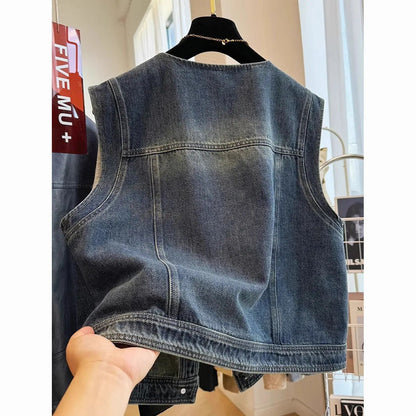 Round-neck Loose-fit Figure-flattering Denim Vest Jacket