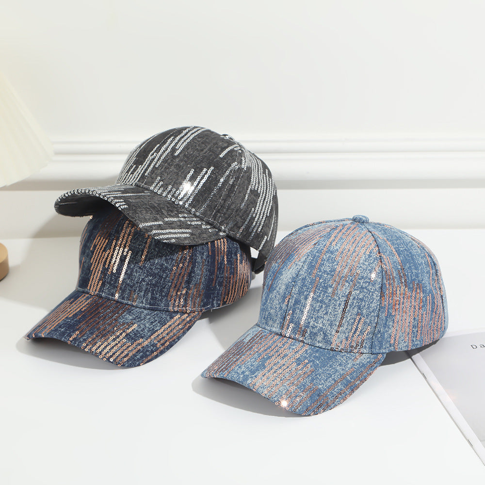 Full-pattern Vertical Sequin Washed Denim Baseball Cap, Suitable For Women's Outdoor Outings And Date Occasions, Versatile And Easy To Wear
