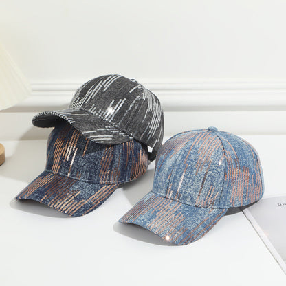 Full-pattern Vertical Sequin Washed Denim Baseball Cap, Suitable For Women's Outdoor Outings And Date Occasions, Versatile And Easy To Wear