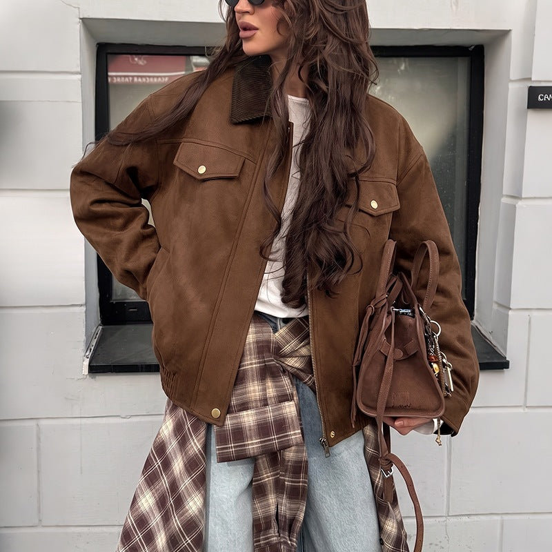 Stylish Lapel-collar Loose-fitting Womens Coat