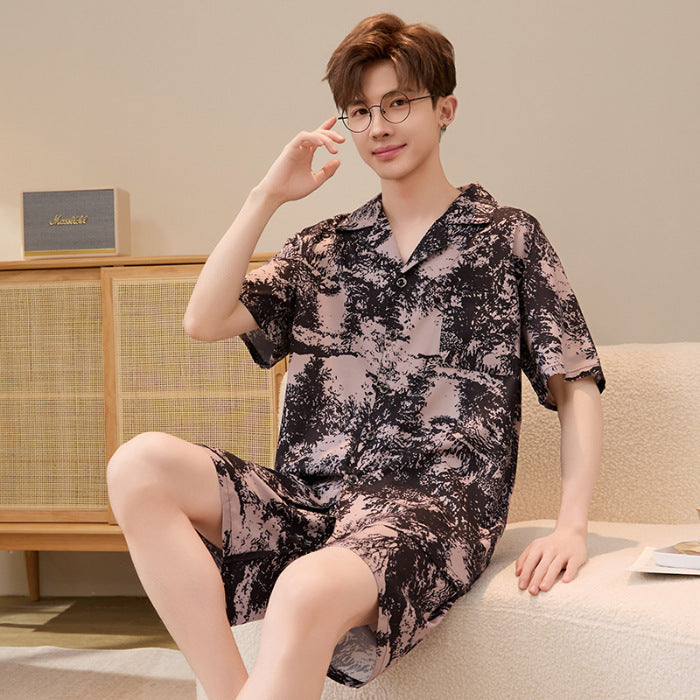 Mens Summer Cardigan Ice-silk Short-sleeve Top And Shorts