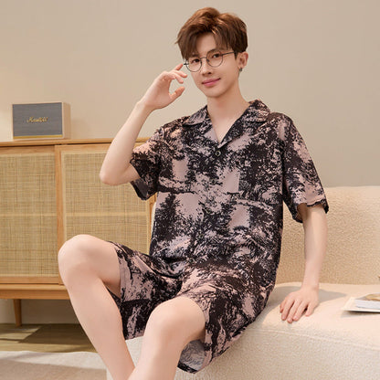 Mens Summer Cardigan Ice-silk Short-sleeve Top And Shorts