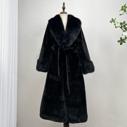 FallWinter Faux Mink Fur-and-leather One-piece Over-the-knee Long Fur Coat