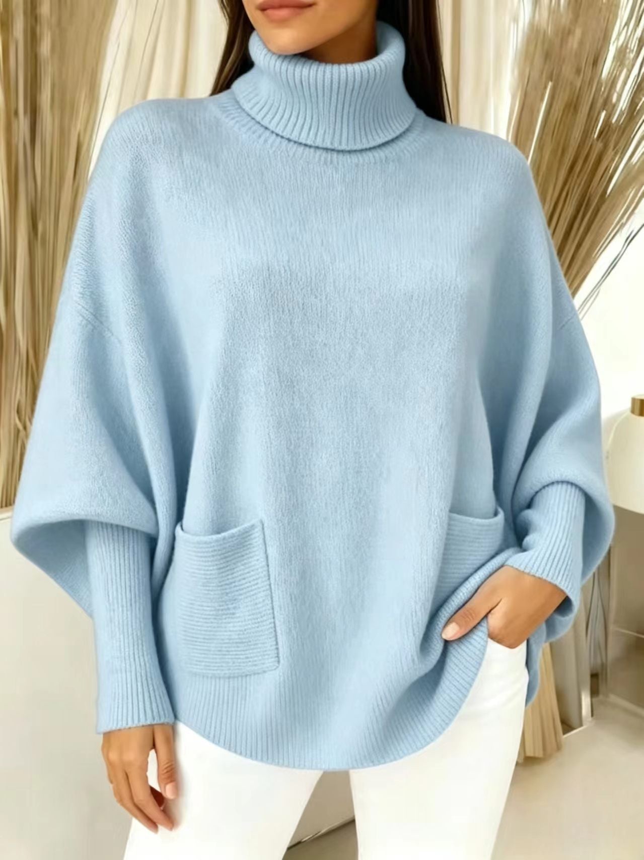 Fashionable Solid-Color Long-Sleeve Turtleneck Sweater For Women