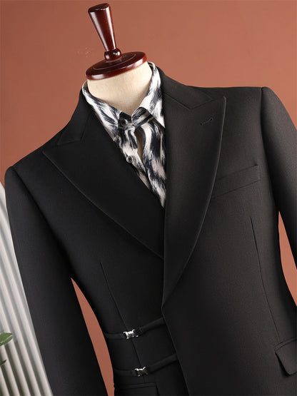Men Black Peak Lapel Side Buckle 2 Piece Suit Set Gurkha Trousers