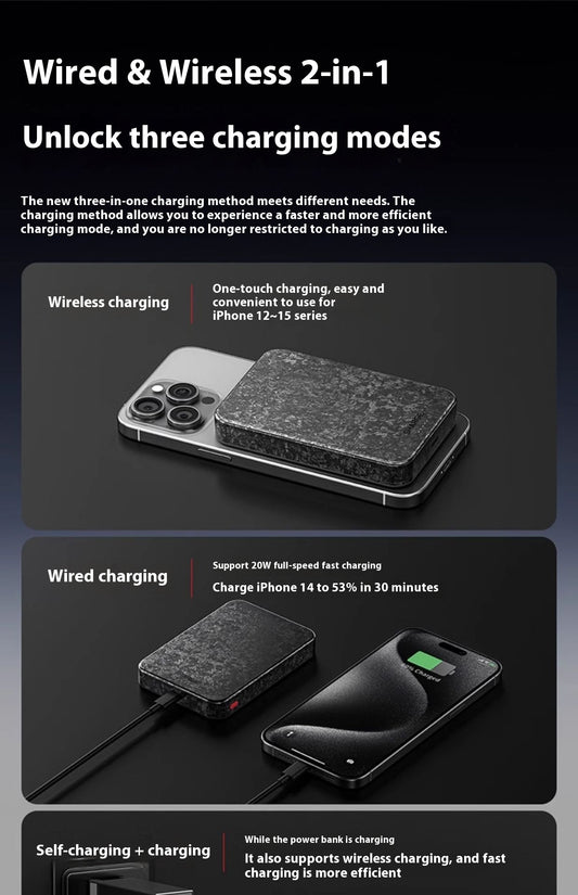 15W Magnetic Power Bank Wireless Carbon Fiber Magsafe Mobile Power Supply