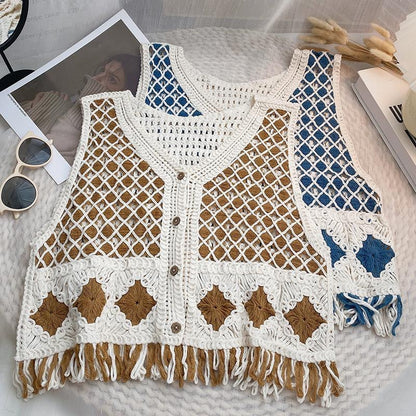 Vintage Diamond-Pattern Tassel Knitted Vest For Women