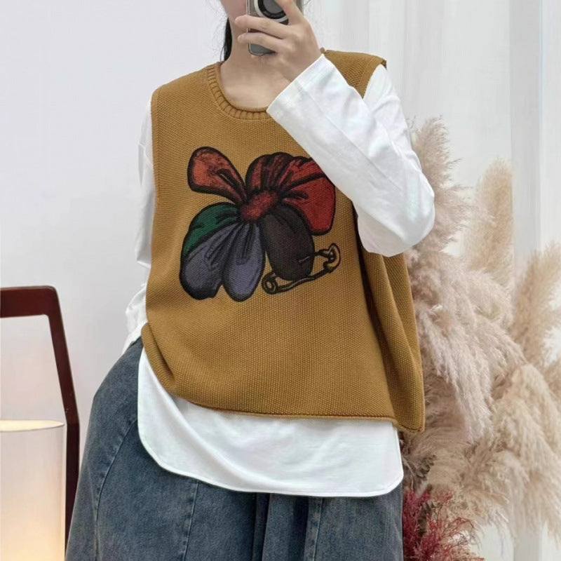 Womens Floral-Print Crew-Neck Loose-Fit Vintage Knitted Vest
