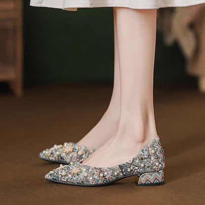 Shallow-toe Pointed Flat Womens Shoes With Rhinestone And Metallic Print