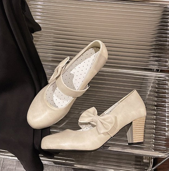 Women Leather Mary Janes, Block Heel Bow Pumps, Versatile Retro Style Fashion Shoes