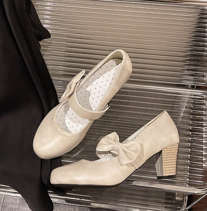 Women Leather Mary Janes, Block Heel Bow Pumps, Versatile Retro Style Fashion Shoes