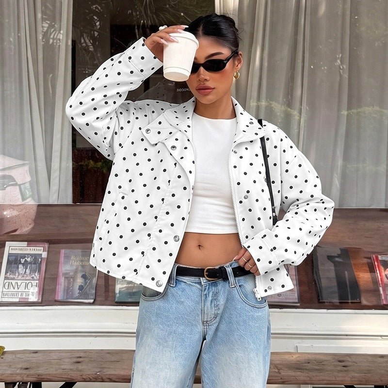 Loose-fitting Long-sleeve Casual Polka-dot Womens Coat