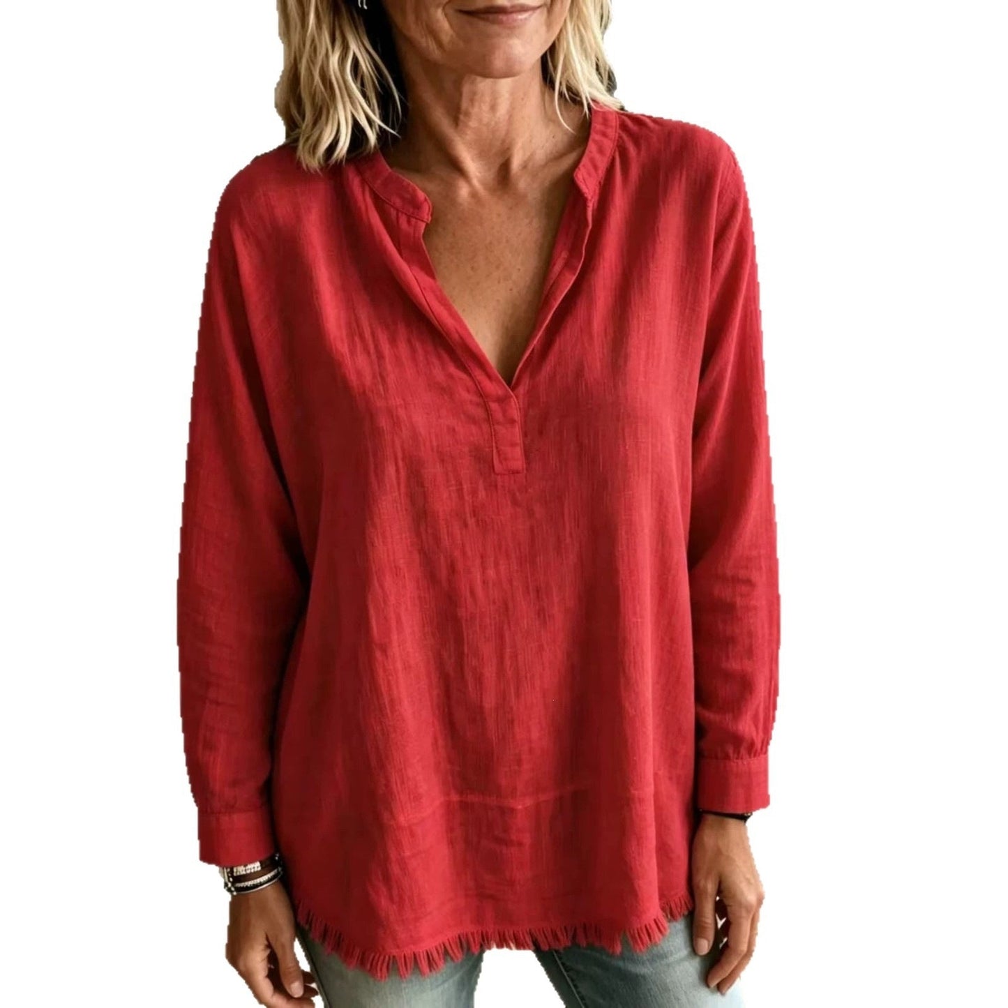 Women Solid Shirt Notch Collar V Neck Long Sleeve Tassel Fringe Hem Loose Casual Blouse Tops Spring Summer
